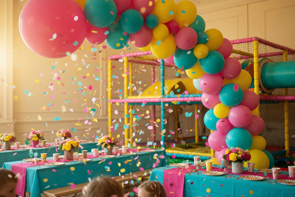 Colorful party hall with balloon arch, confetti, and indoor playground